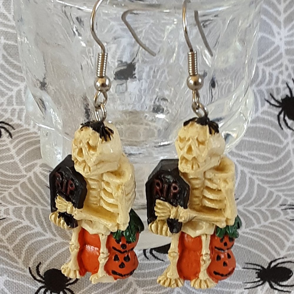 Skeleton Pumpkin Tombstone Halloween Resin Earrings Pierced Dangle Preowned